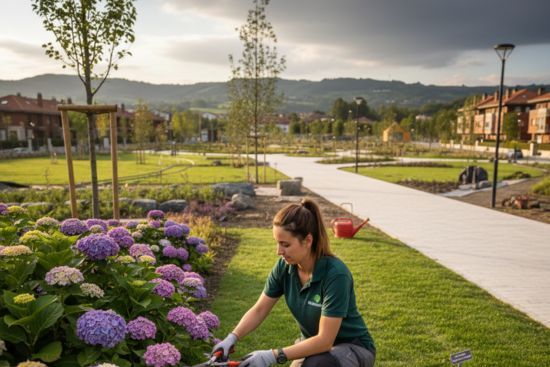 Técnico de jardinería podando las flores