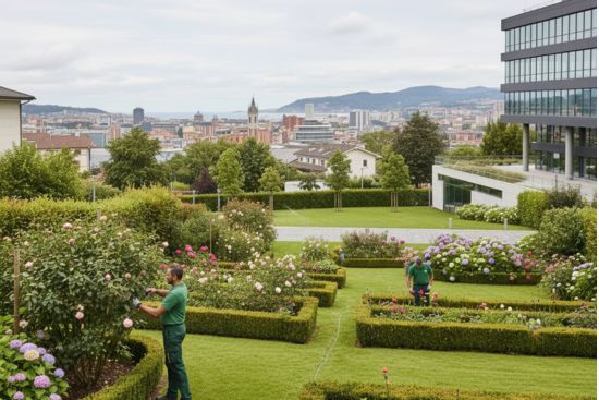 Jardineros cuidando las plantas de un jardín público