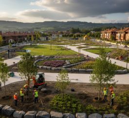 Técnicos y jardineros trabajando en un parque