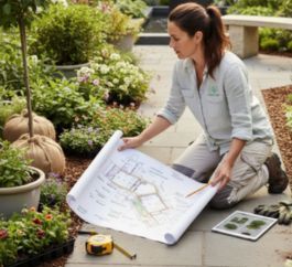 Técnico siguiendo el plano del jardín