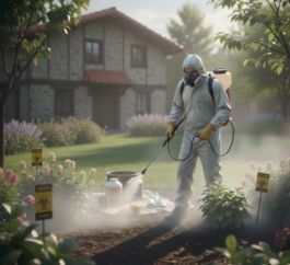 Técnico fumigando plantas del jardín de una vivienda