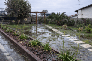 Fotografía de un jardín con el césped totalmente anegado tras la lluvia, mostrando grandes charcos de agua estancada debido a un drenaje deficiente.