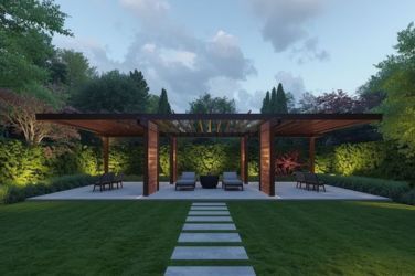 Jardín moderno con pérgola de madera, zona de relax y diseño paisajístico profesional en primavera.