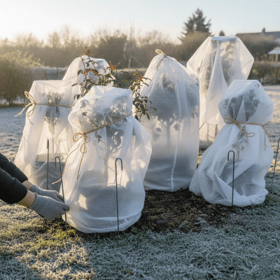 Una persona con guantes y ropa de invierno asegura telas antiheladas blancas sobre varias plantas en un jardín cubierto por la escarcha del amanecer.